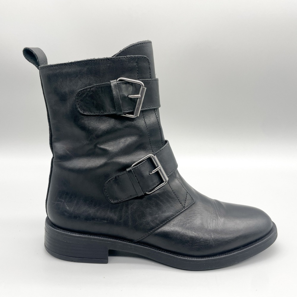 Emanuele Crasto Black Leather Double Buckle Moto Combat Boots Italy Womens 39 8